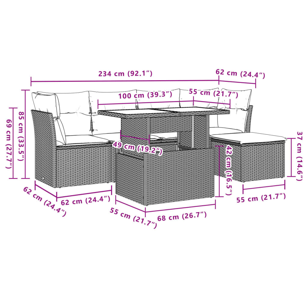 Set Divano da Giardino 6 pz con Cuscini Nero in Polyrattan