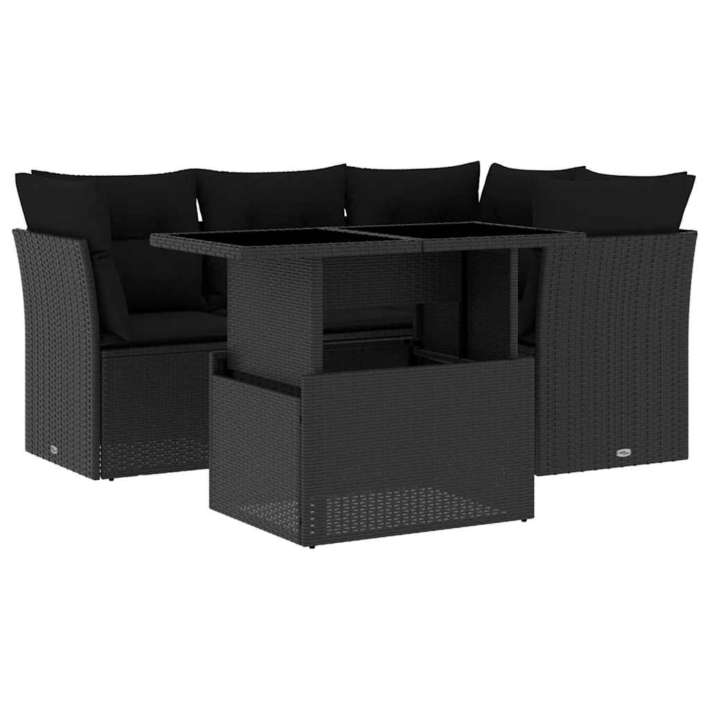 Set Divani da Giardino 5 pz con Cuscini in Polyrattan Nero