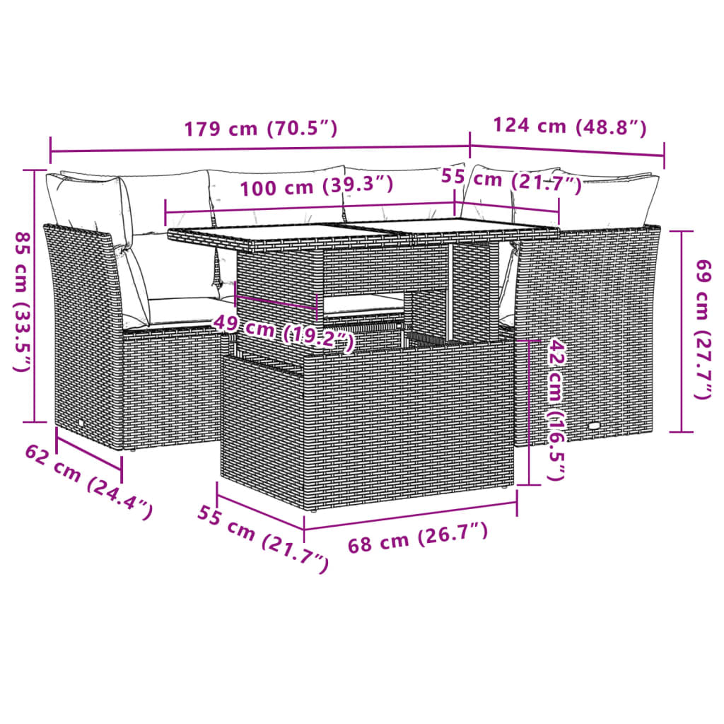 Set Divano da Giardino 5 pz con Cuscini Beige in Polyrattan