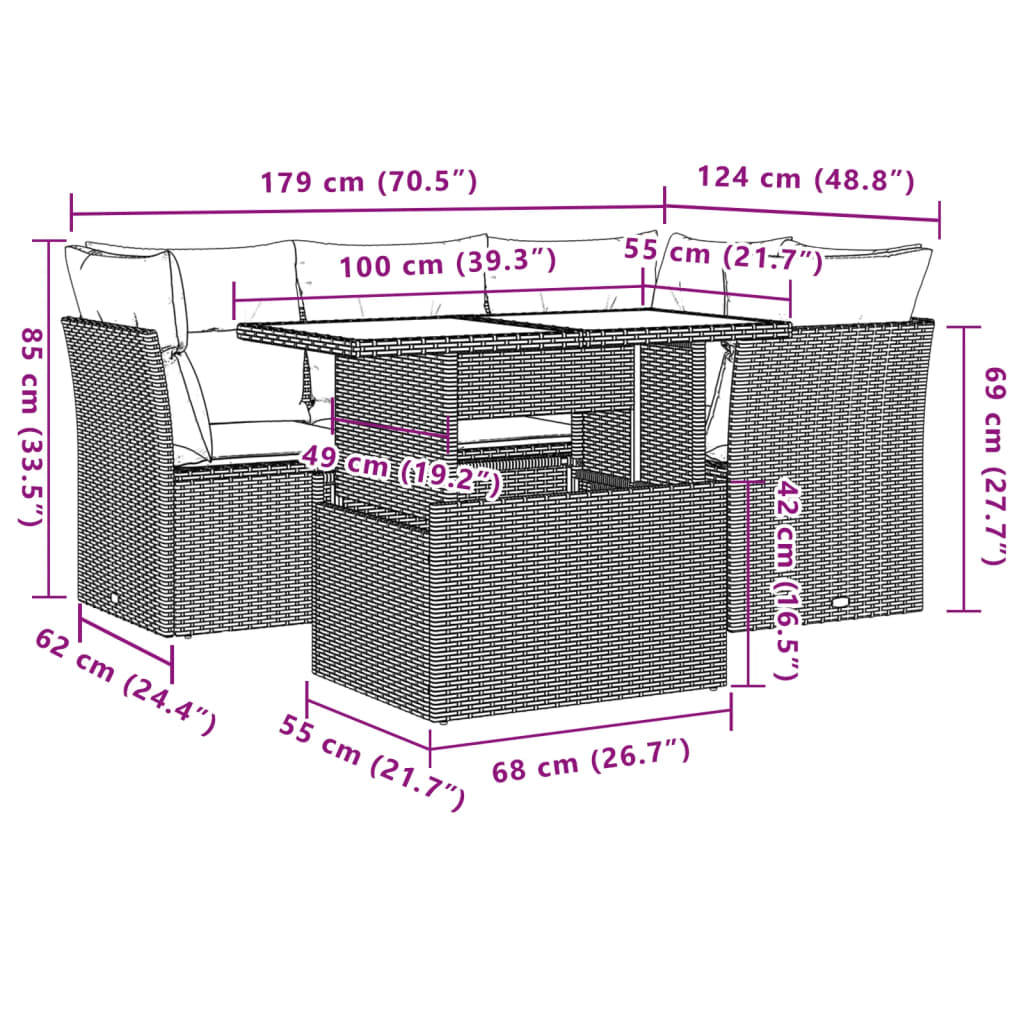 Set Divano da Giardino 5 pz con Cuscini Grigio in Polyrattan