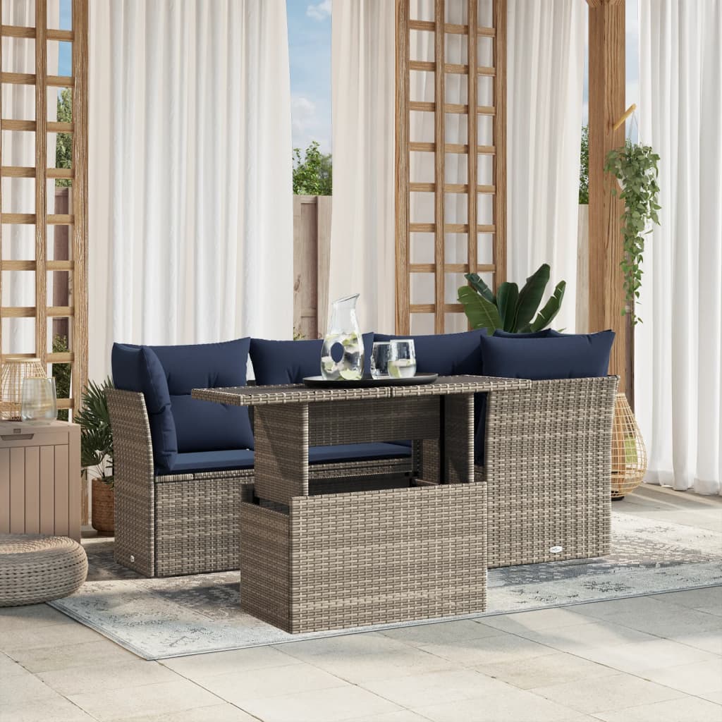 Set Divani da Giardino 5 pz con Cuscini Grigio in Polyrattan