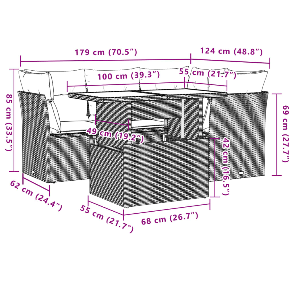 Set Divano da Giardino 5pz con Cuscini Grigio Chiaro Polyrattan