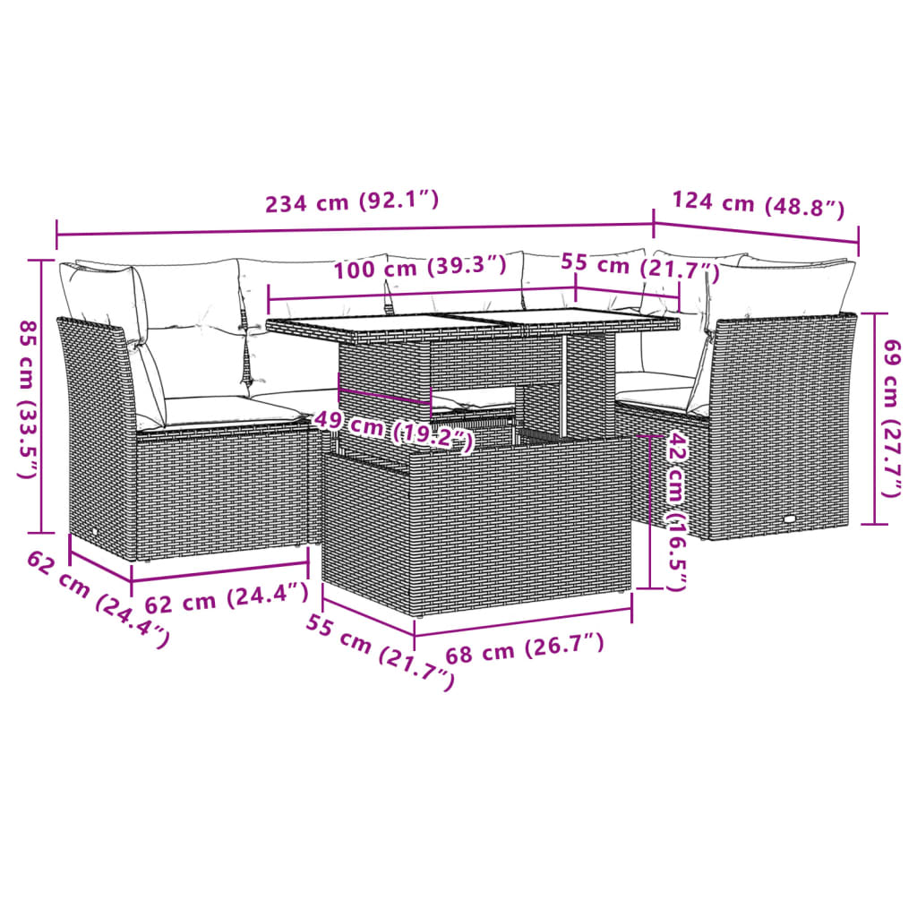 Set Divani da Giardino 6 pz con Cuscini Grigio in Polyrattan