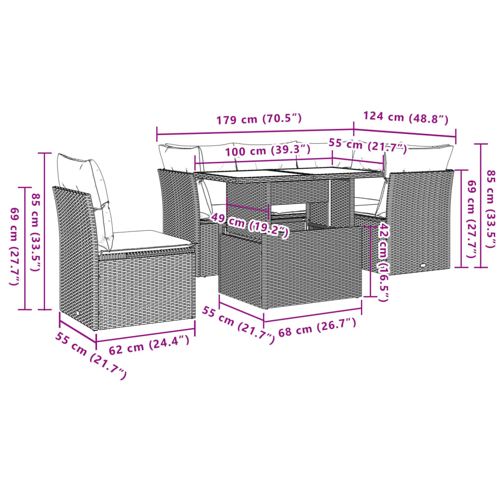 Set Divano da Giardino 6 pz con Cuscini Marrone in Polyrattan