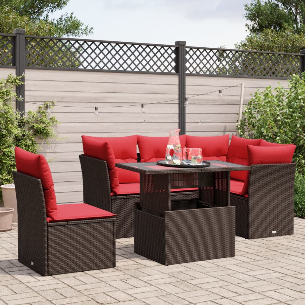 Set Divani da Giardino 6 pz con Cuscini Marrone in Polyrattan