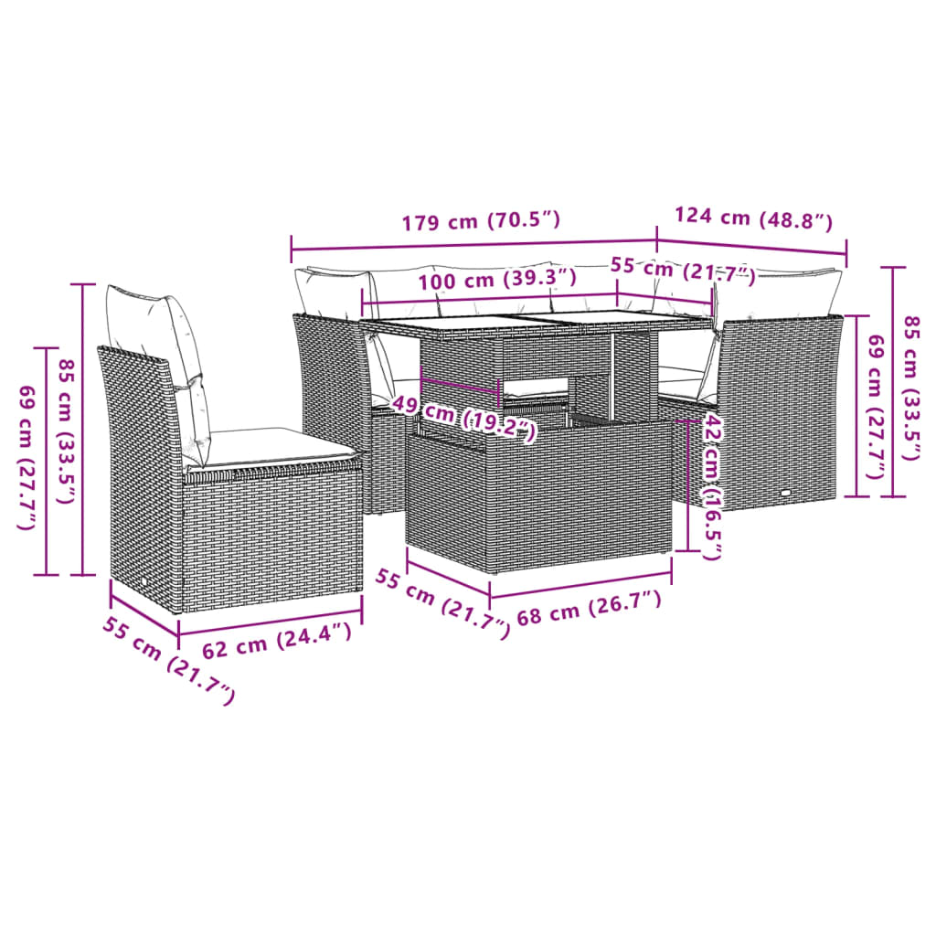 Set Divani da Giardino 6 pz con Cuscini Marrone in Polyrattan