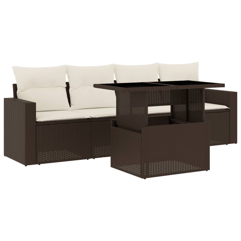 Set Divano da Giardino 5 pz con Cuscini Marrone in Polyrattan