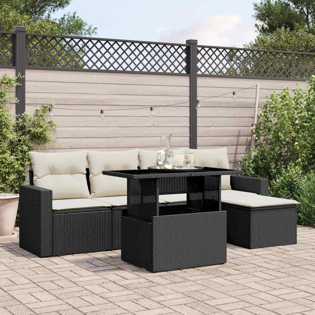 Set Divano da Giardino 6 pz con Cuscini Nero in Polyrattan
