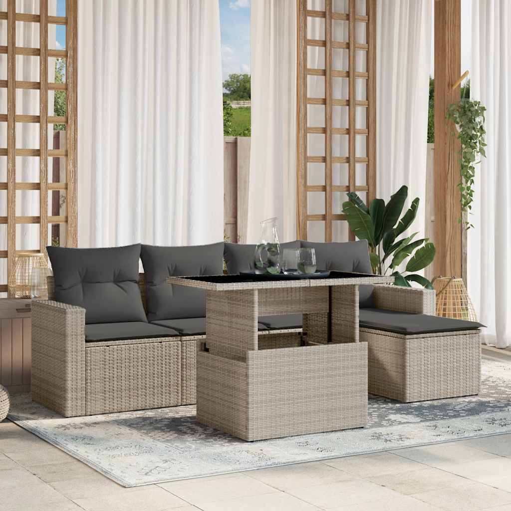 Set Divano da Giardino 6pz con Cuscini Grigio Chiaro Polyrattan