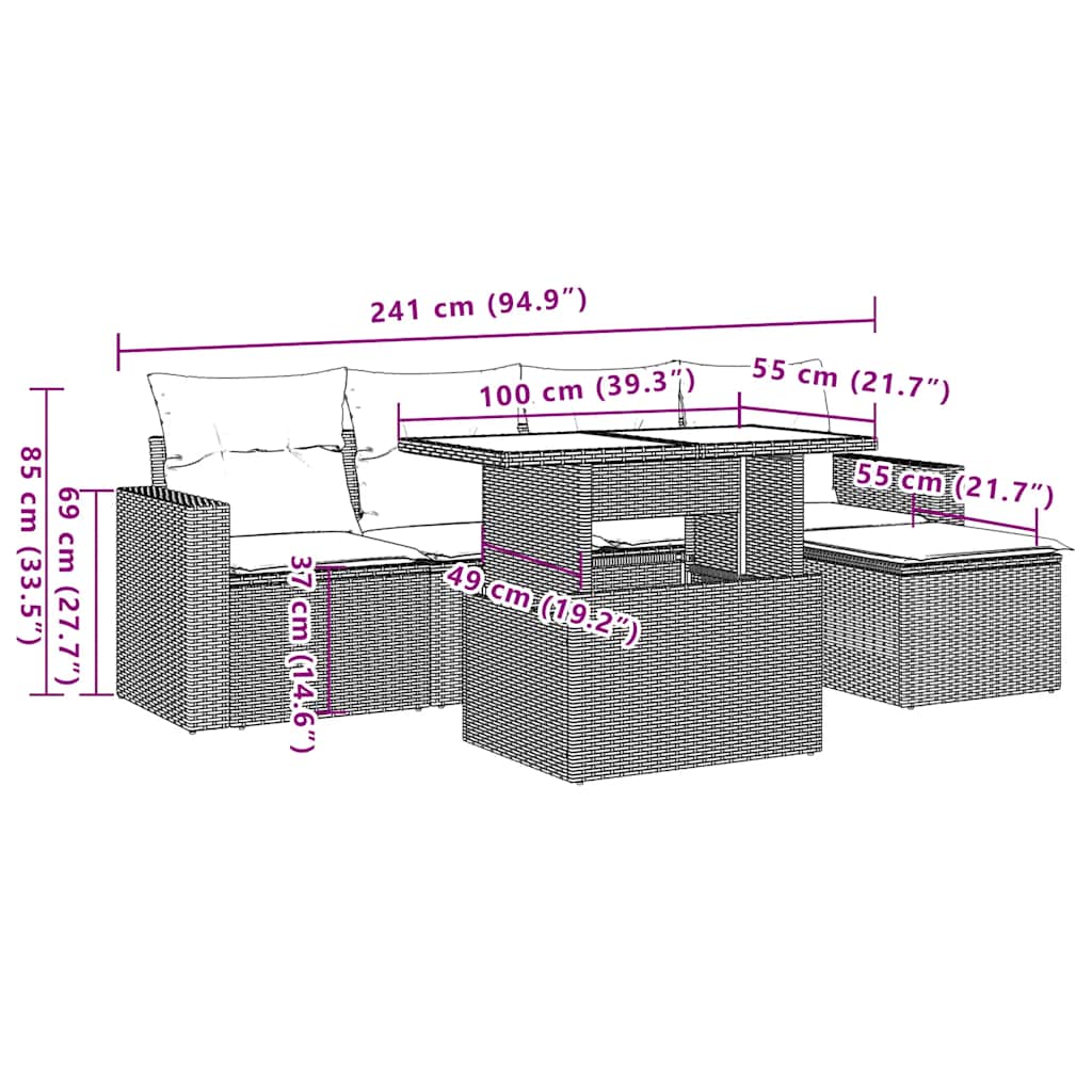 Set Divano da Giardino 6pz con Cuscini Grigio Chiaro Polyrattan