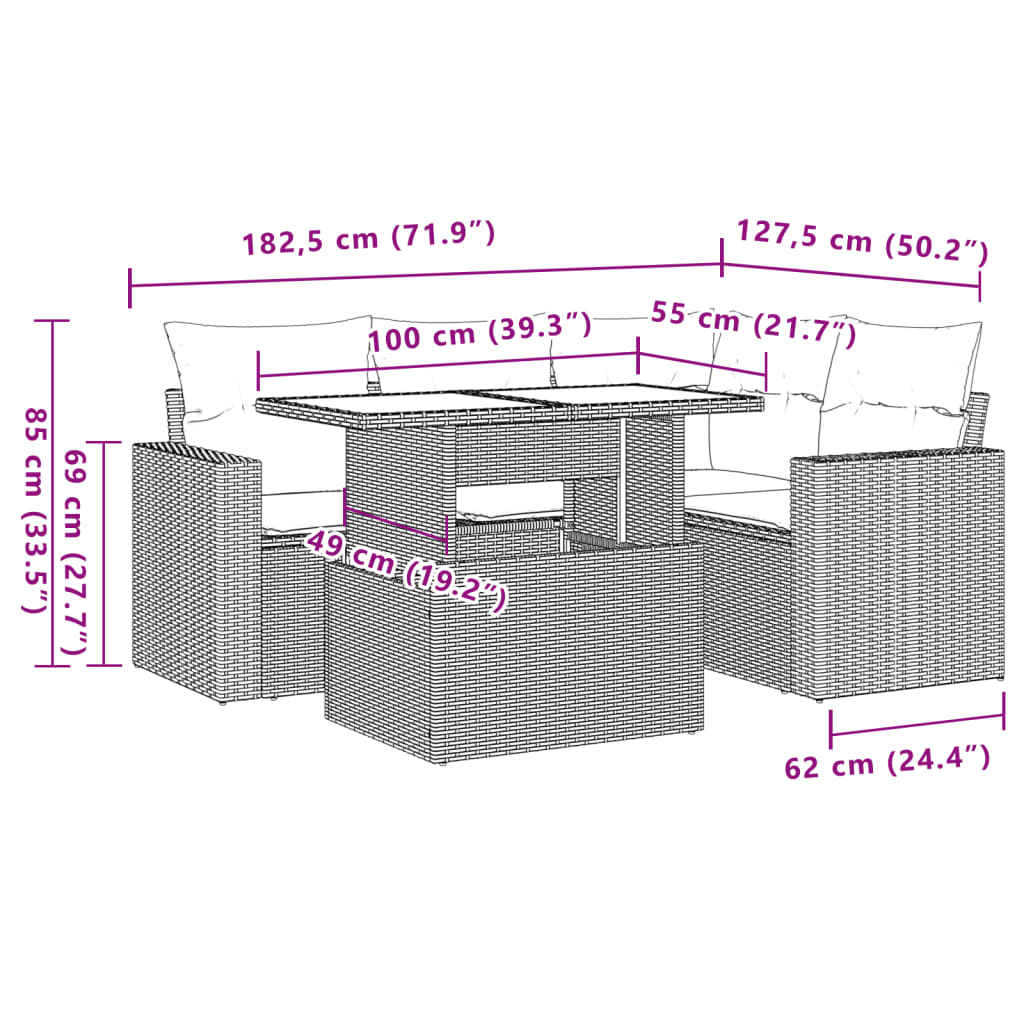 Set Divano da Giardino 5 pz con Cuscini Beige in Polyrattan