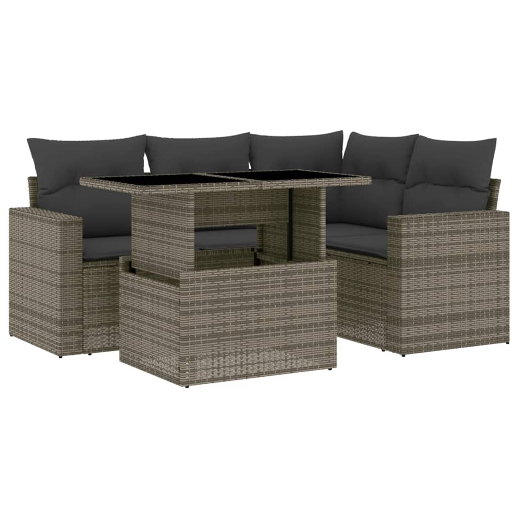 Set Divano da Giardino 5 pz con Cuscini Grigio in Polyrattan