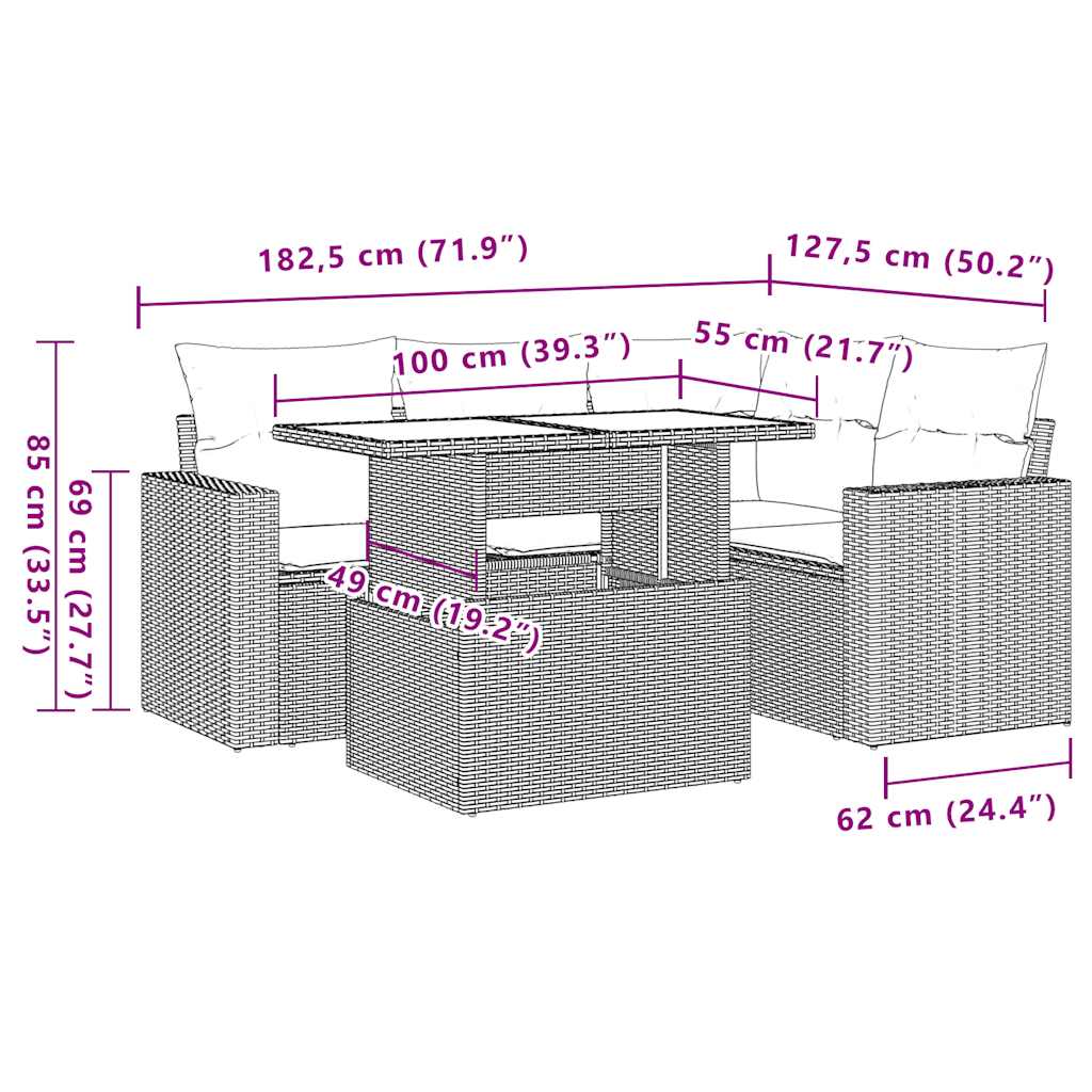 Set Divano da Giardino 5pz con Cuscini Grigio Chiaro Polyrattan