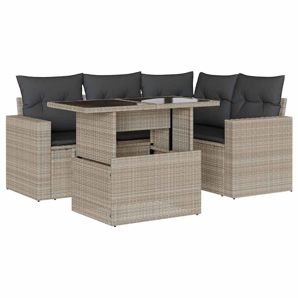 Set Divano da Giardino 5pz con Cuscini Grigio Chiaro Polyrattan