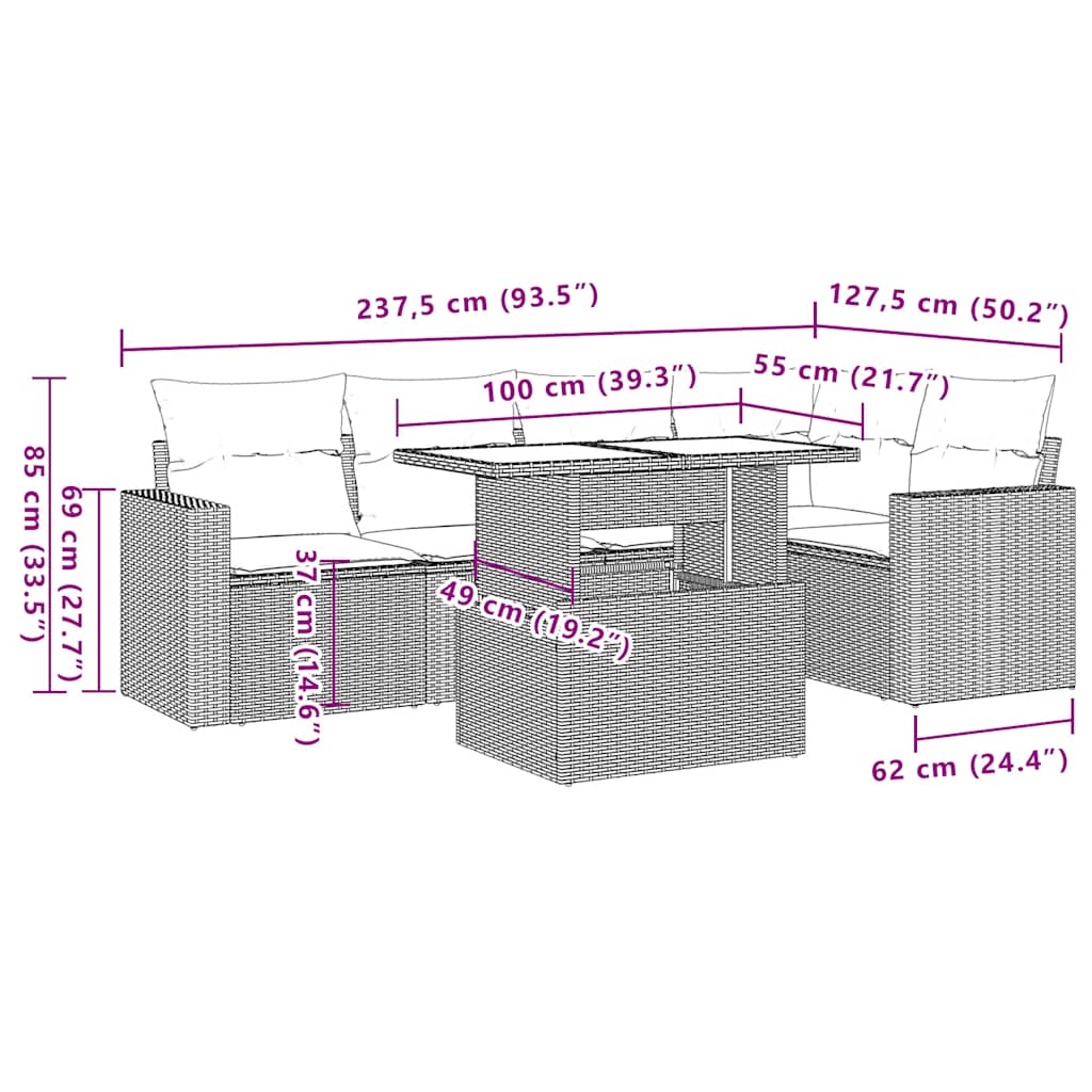 Set Divani da Giardino 6 pz con Cuscini Grigio in Polyrattan