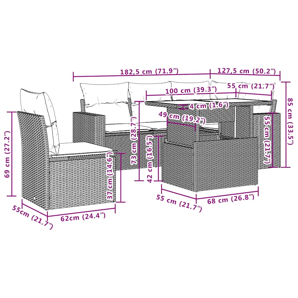 Set Divani da Giardino 6 pz con Cuscini Grigio in Polyrattan