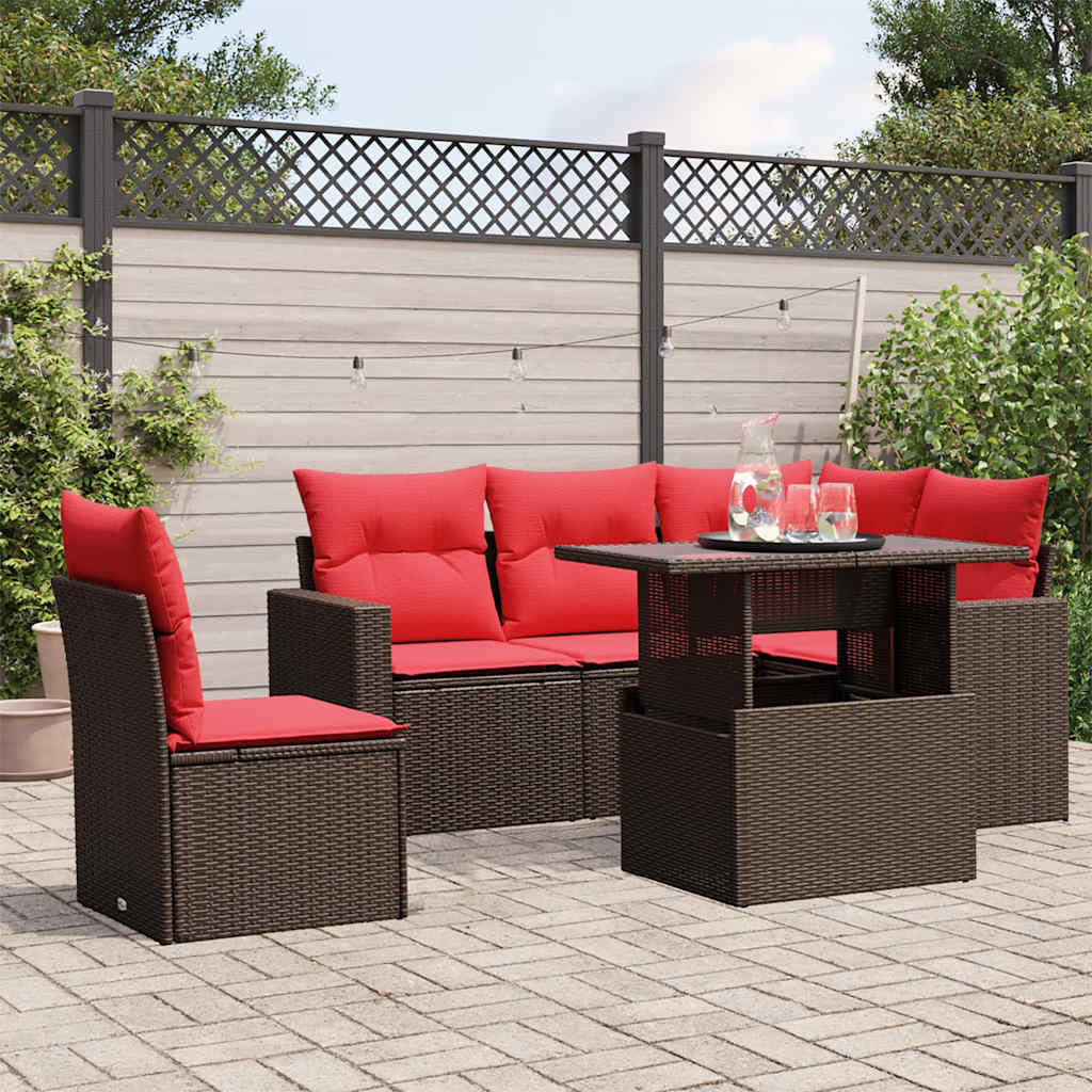 Set Divani da Giardino 6 pz con Cuscini Marrone in Polyrattan