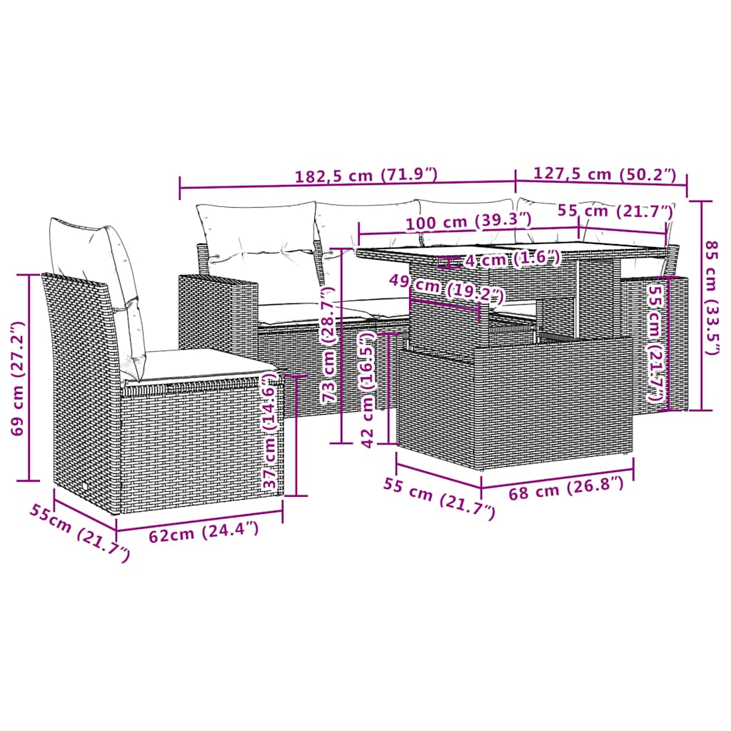 Set Divani da Giardino 6 pz con Cuscini Marrone in Polyrattan