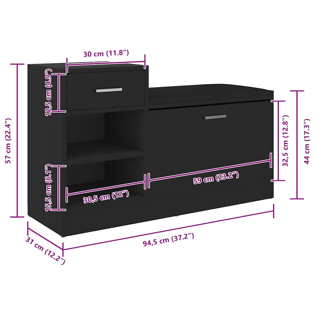 Panca Porta Scarpe Nera 94,5x31x57 cm in Legno Multistrato