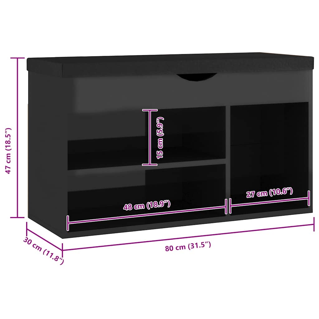 Panca Porta Scarpe Cuscino Nero Lucido 80x30x47cm Multistrato