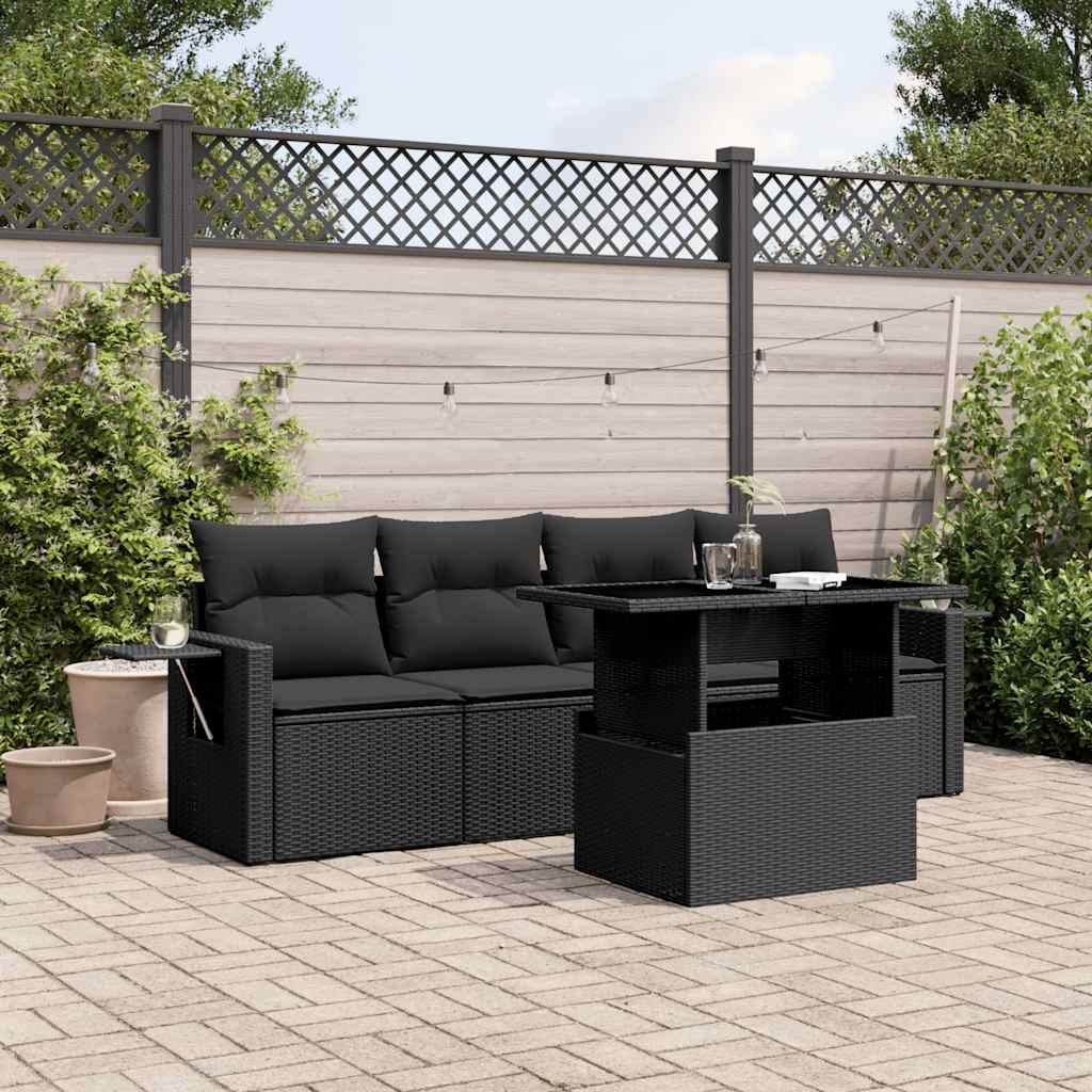 Set Divani da Giardino 5 pz con Cuscini in Polyrattan Nero