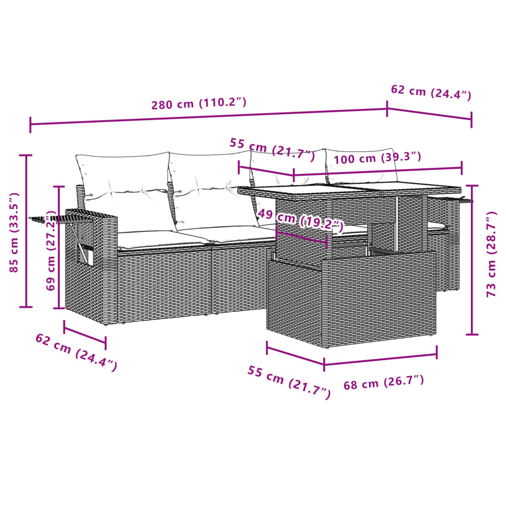 Set Divano da Giardino 5 pz con Cuscini Grigio in Polyrattan