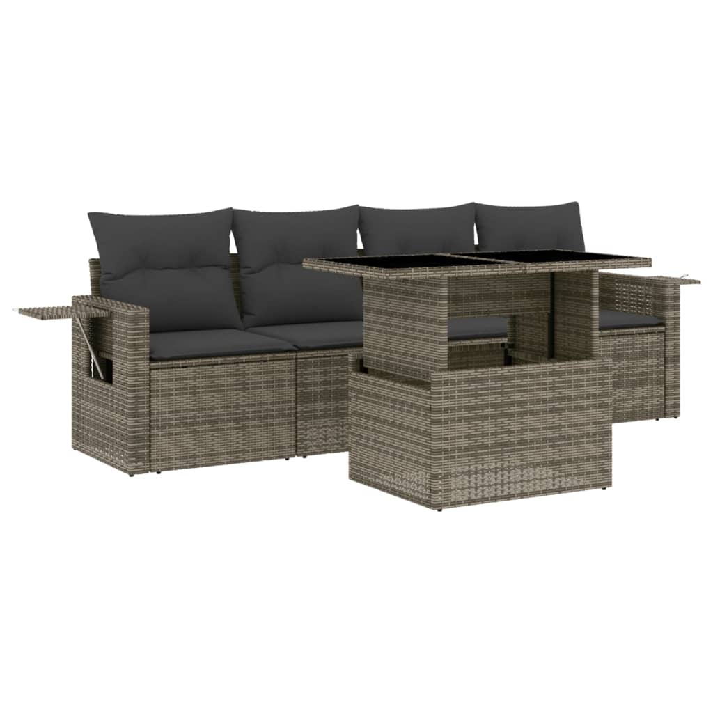 Set Divano da Giardino 5 pz con Cuscini Grigio in Polyrattan