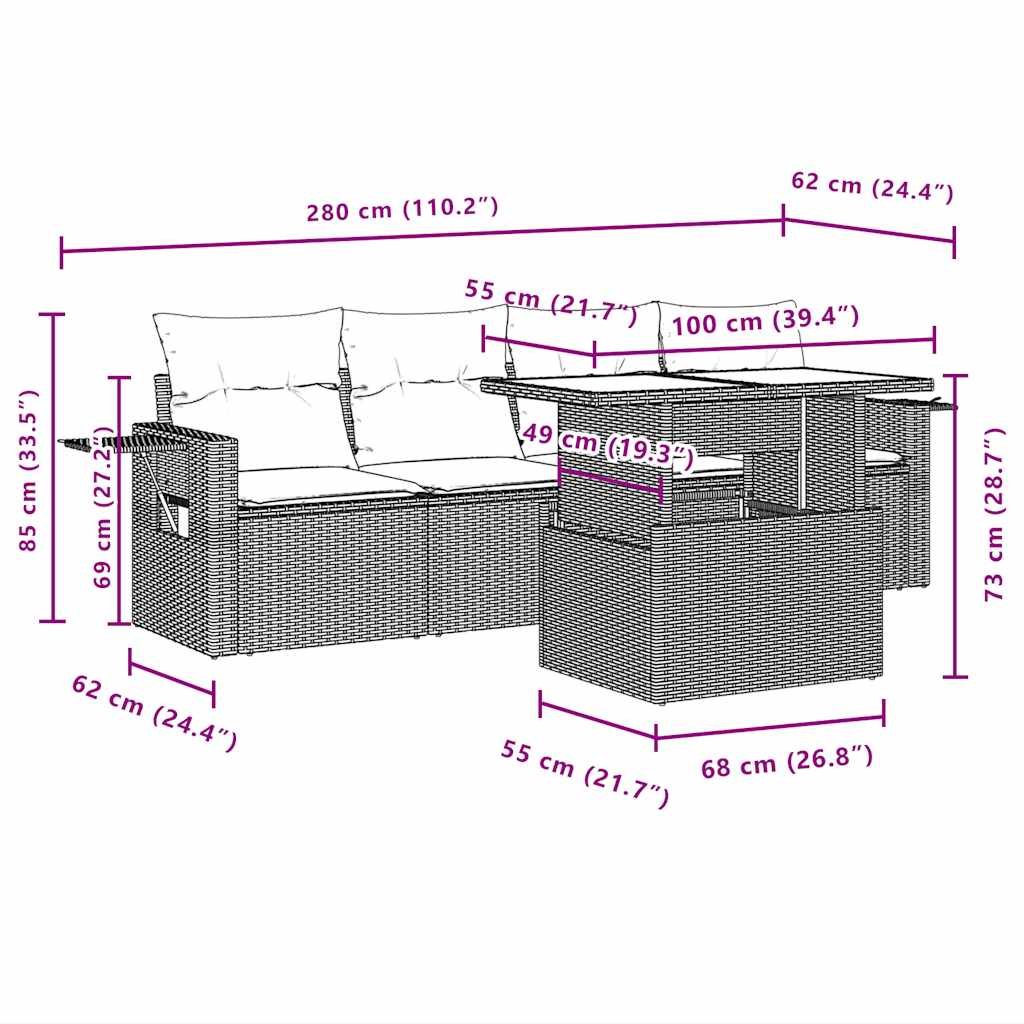 Set Divano da Giardino 5pz con Cuscini Grigio Chiaro Polyrattan