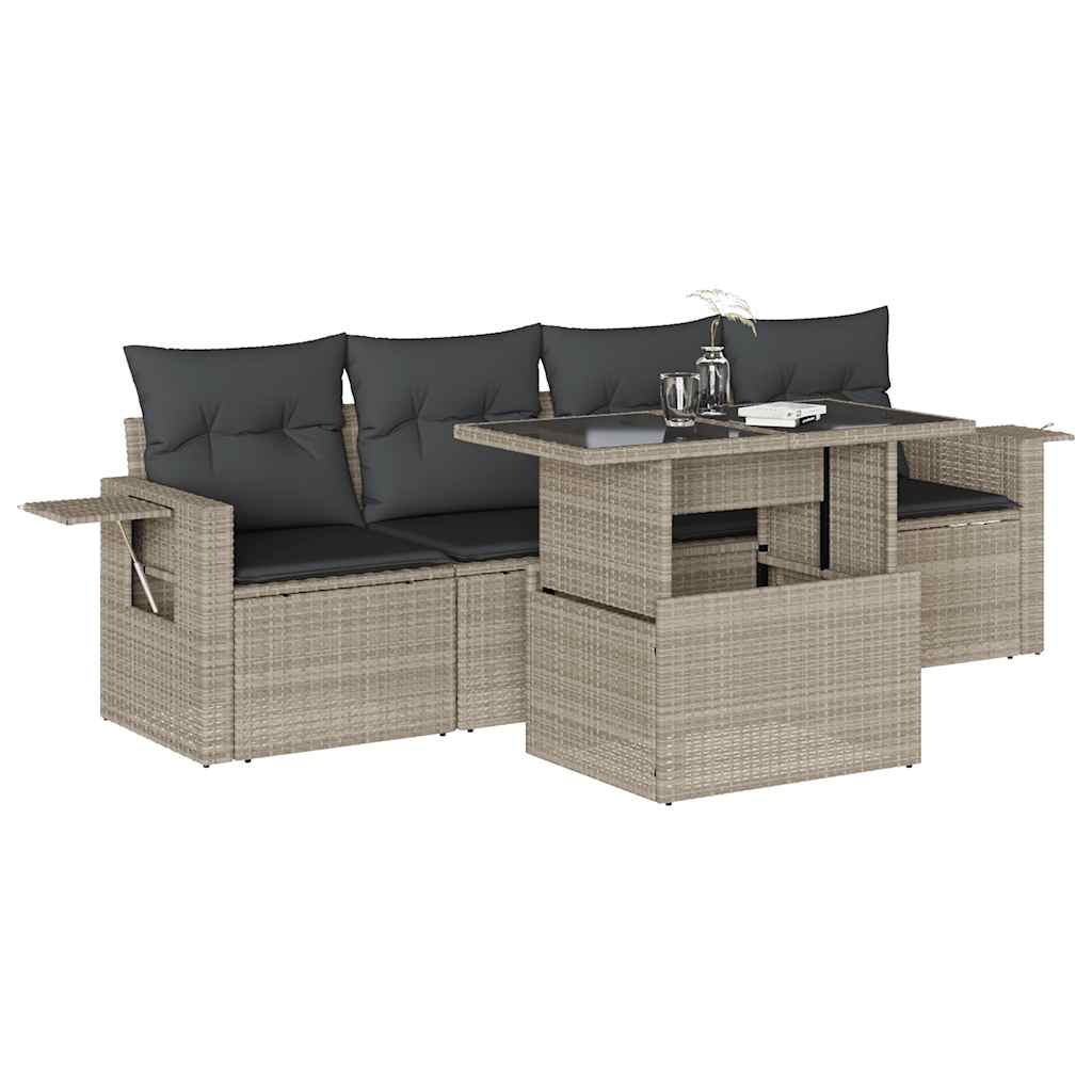 Set Divano da Giardino 5pz con Cuscini Grigio Chiaro Polyrattan