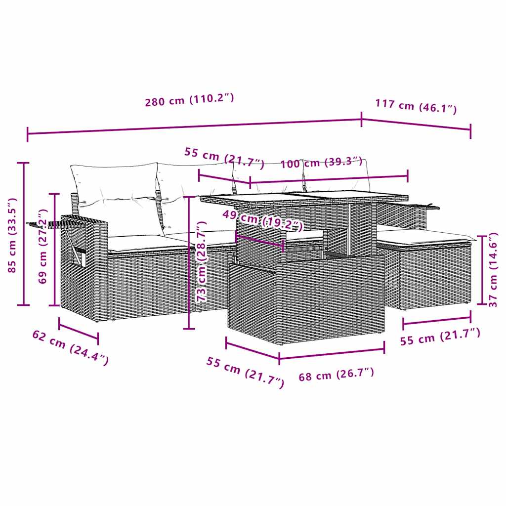 Set Divani da Giardino 6 pz con Cuscini Grigio in Polyrattan