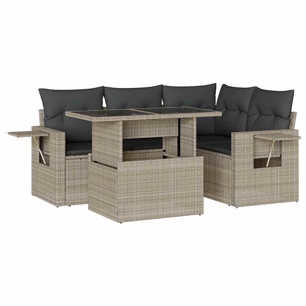 Set Divano da Giardino 5pz con Cuscini Grigio Chiaro Polyrattan