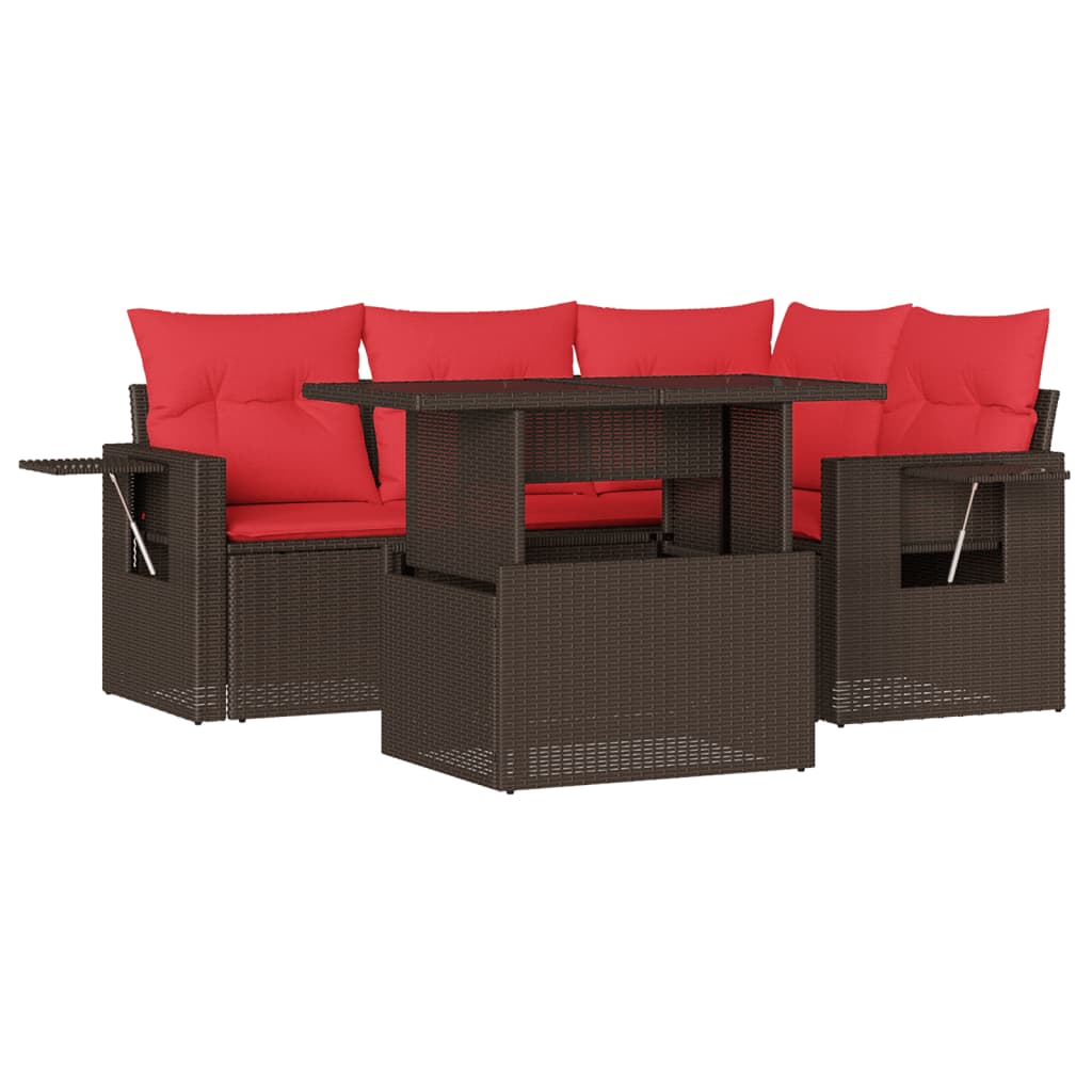 Set Divani da Giardino 5 pz con Cuscini Marrone in Polyrattan