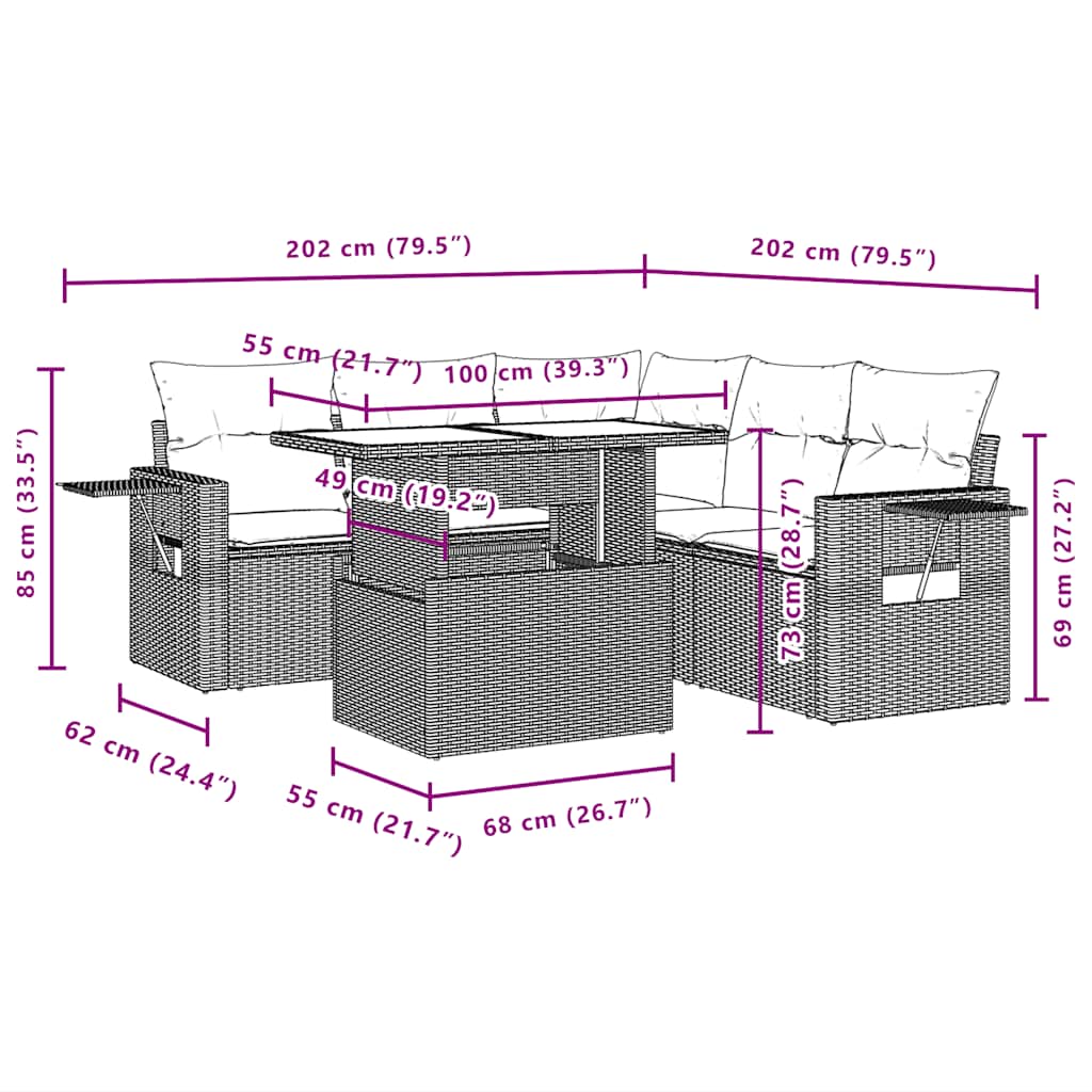 Set Divani da Giardino 6 pz con Cuscini Grigio in Polyrattan