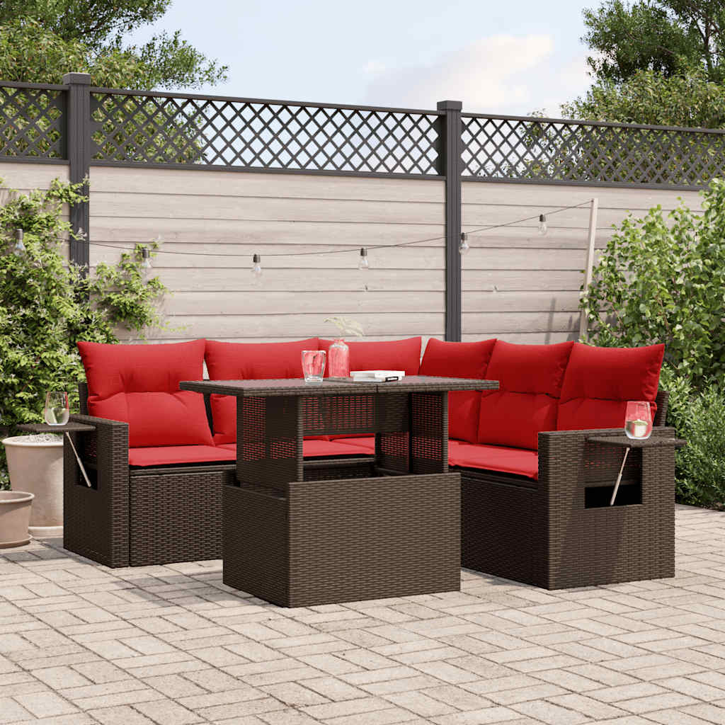 Set Divani da Giardino 6 pz con Cuscini Marrone in Polyrattan