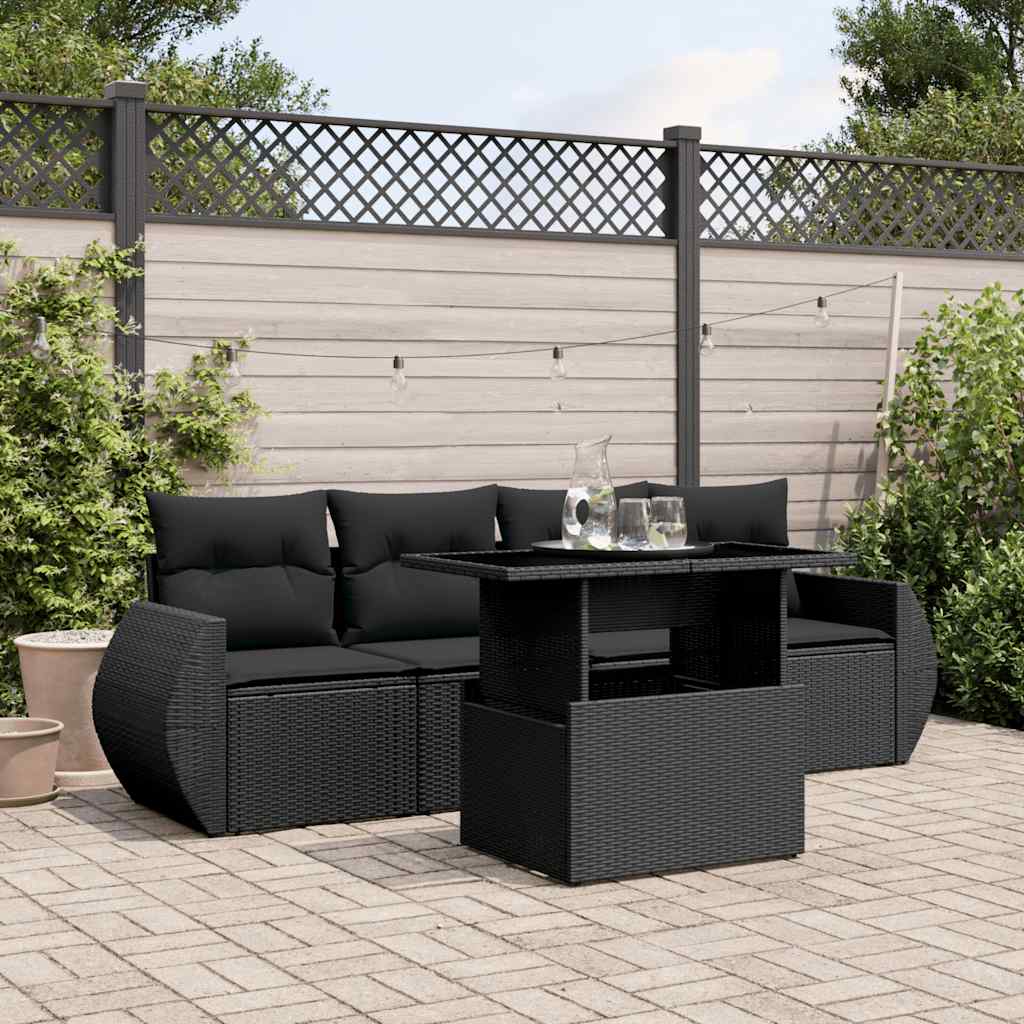 Set Divani da Giardino 5 pz con Cuscini in Polyrattan Nero
