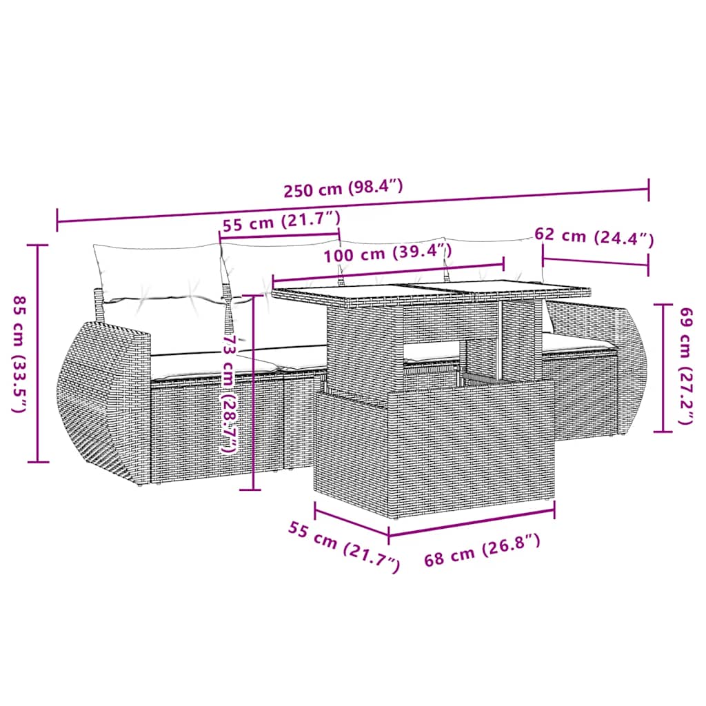 Set Divano da Giardino 5 pz con Cuscini Beige in Polyrattan