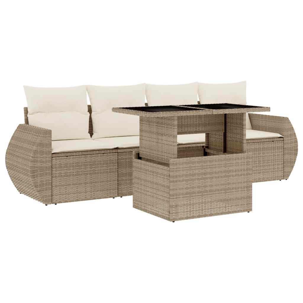 Set Divano da Giardino 5 pz con Cuscini Beige in Polyrattan