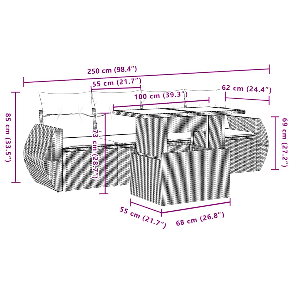 Set Divani da Giardino 5 pz con Cuscini Grigio in Polyrattan