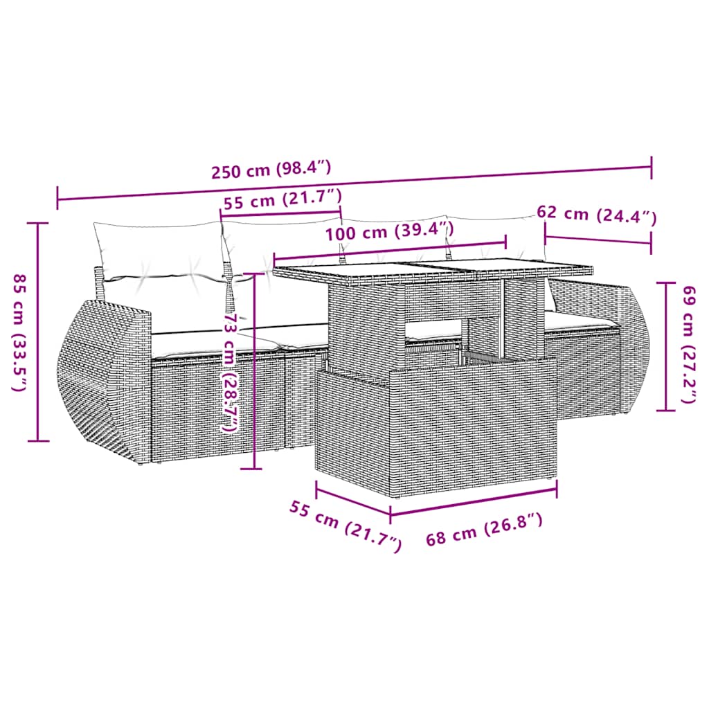 Set Divano da Giardino 5pz con Cuscini Grigio Chiaro Polyrattan