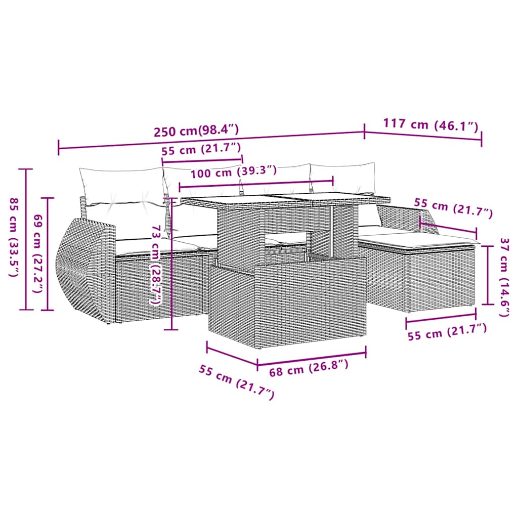Set Divani da Giardino 6 pz con Cuscini Grigio in Polyrattan