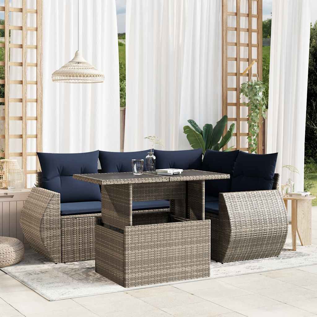 Set Divani da Giardino 5 pz con Cuscini Grigio in Polyrattan