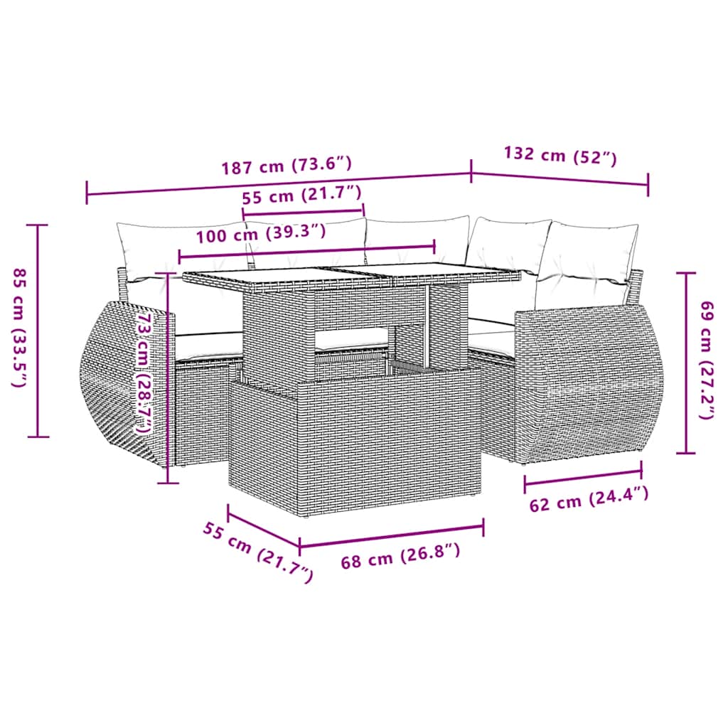 Set Divani da Giardino 5 pz con Cuscini Grigio in Polyrattan