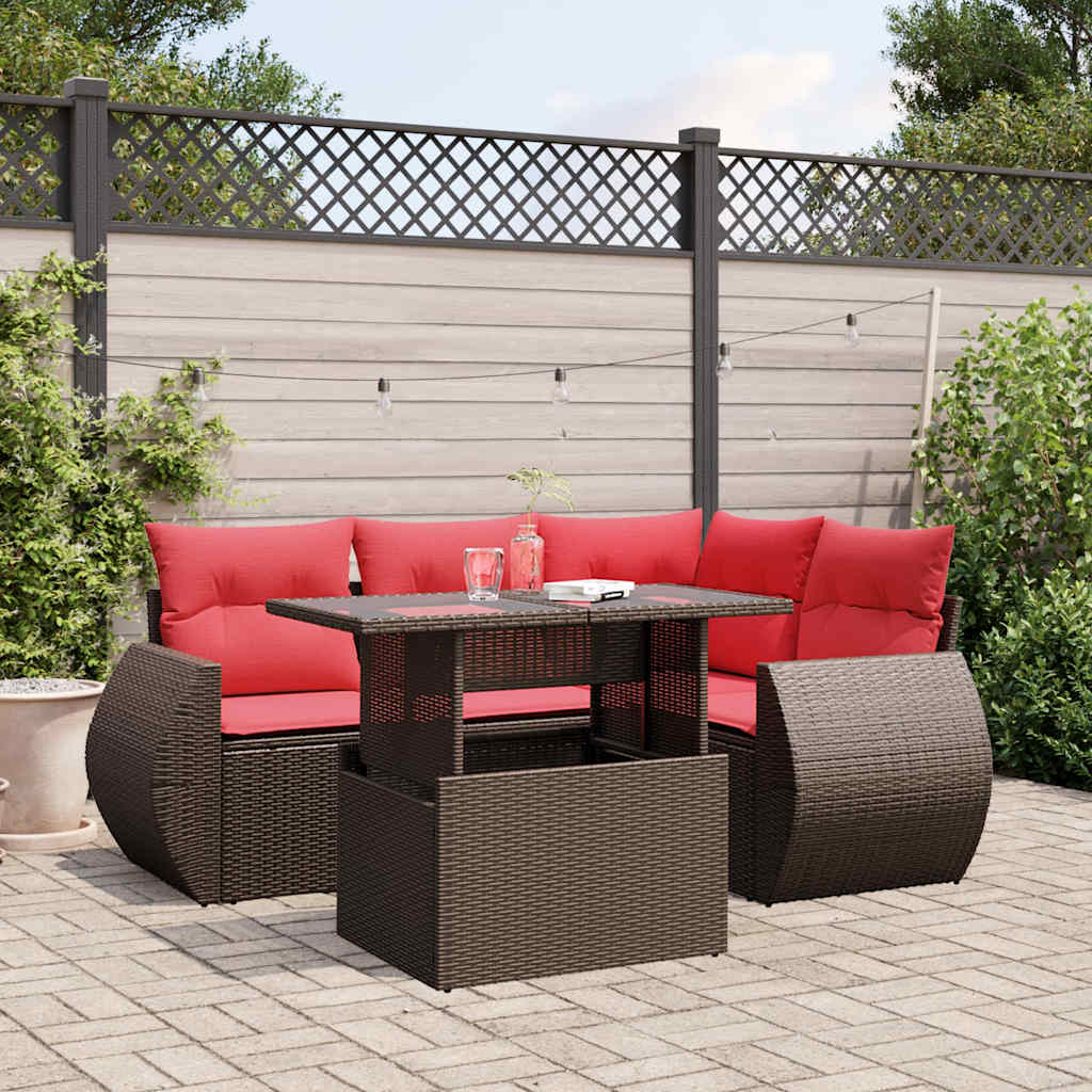 Set Divani da Giardino 5 pz con Cuscini Marrone in Polyrattan