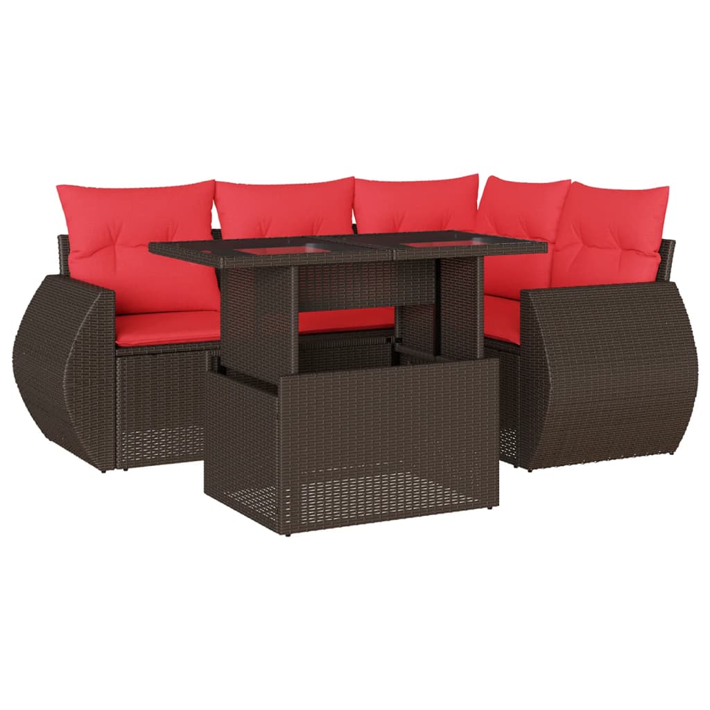 Set Divani da Giardino 5 pz con Cuscini Marrone in Polyrattan