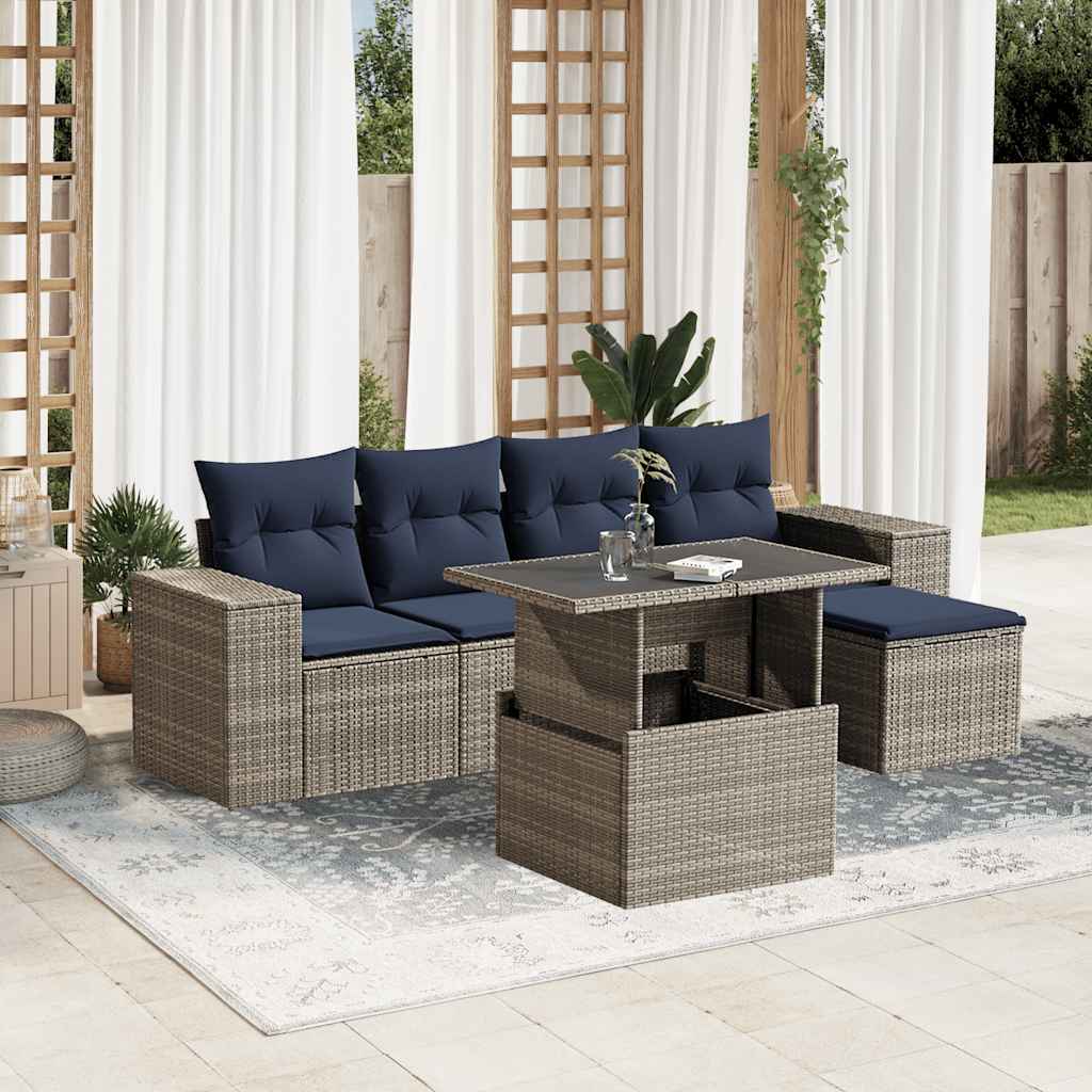 Set Divani da Giardino 6 pz con Cuscini Grigio in Polyrattan