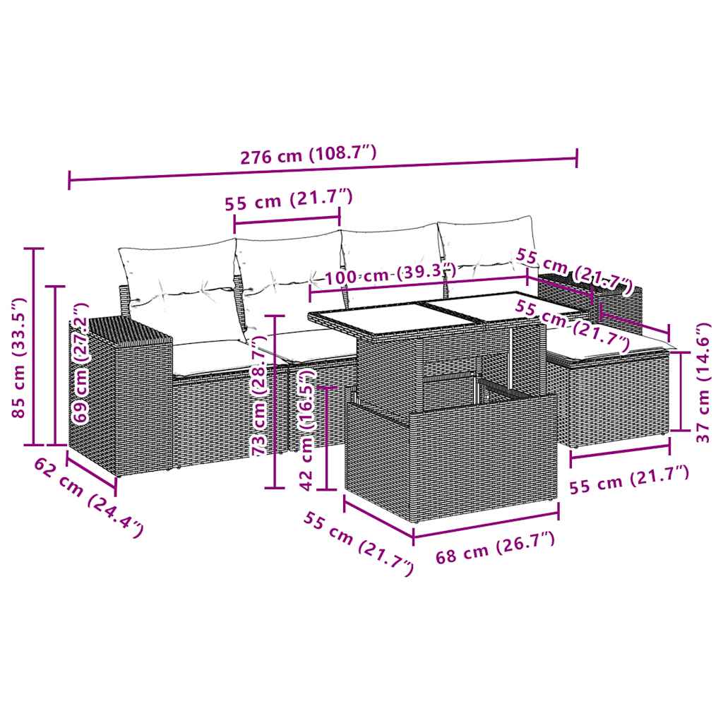 Set Divani da Giardino 6 pz con Cuscini Grigio in Polyrattan