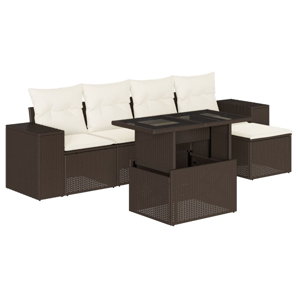 Set Divano da Giardino 6 pz con Cuscini Marrone in Polyrattan