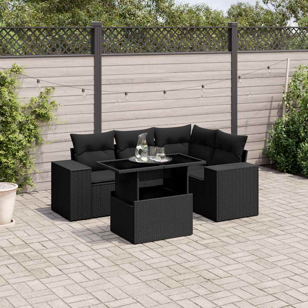 Set Divani da Giardino 5 pz con Cuscini in Polyrattan Nero