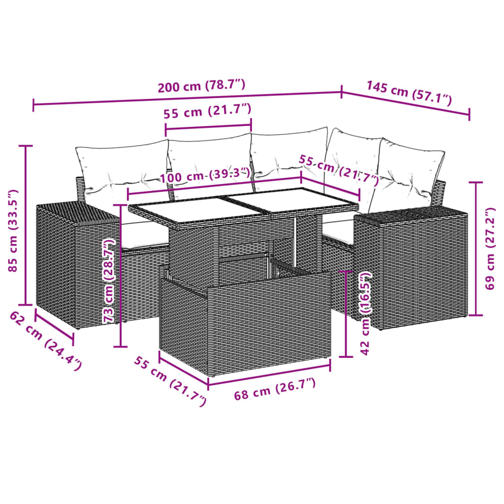 Set Divani da Giardino 5 pz con Cuscini in Polyrattan Nero