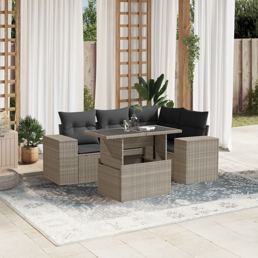 Set Divano da Giardino 5pz con Cuscini Grigio Chiaro Polyrattan